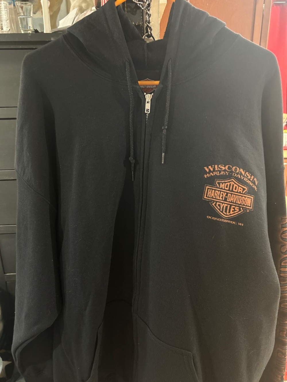 Harley-Davidson Black Zip-Up Hoodie with Orange Wisconsin Logo
